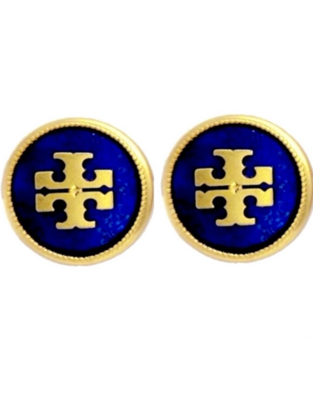 Tory Burch semiprecious lapis blue round button stud logo earrings
